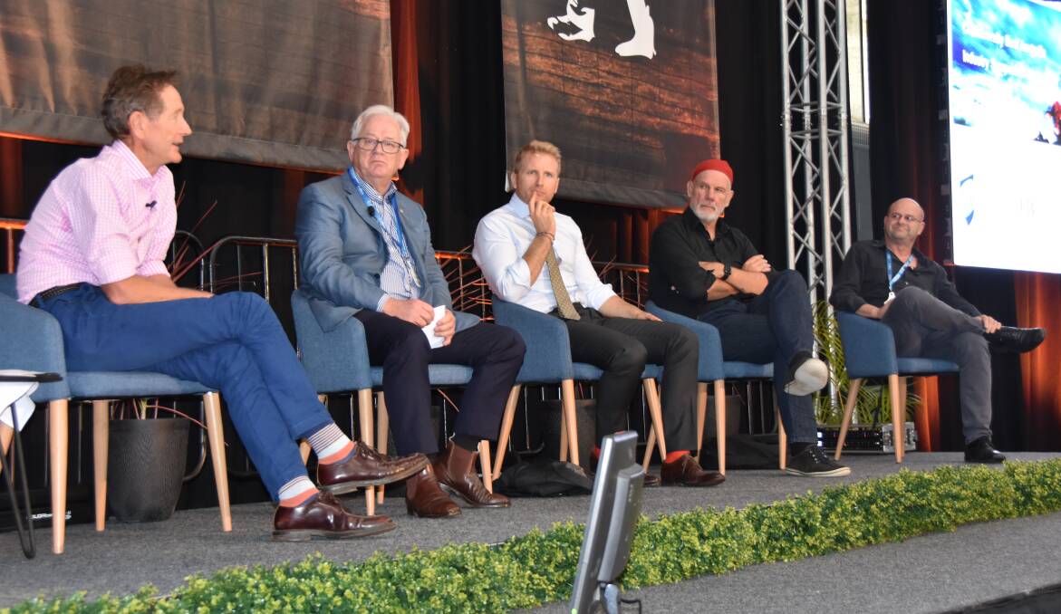 Panelists at a Beef Australia symposium hosted by Central Queensland University, Paul Barry, Andrew Robb, Hamish Macdonald, Peter Fitzsimons and Neer Korn.