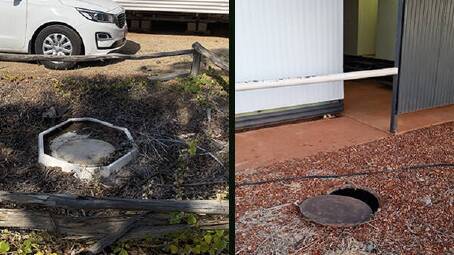 On the left is a picture of the broken Katherine septic tank lid and the picture on the right was taken by the parent who saved their child who fell into a septic tank in the Barkly region. Picture: NT WorkSafe.