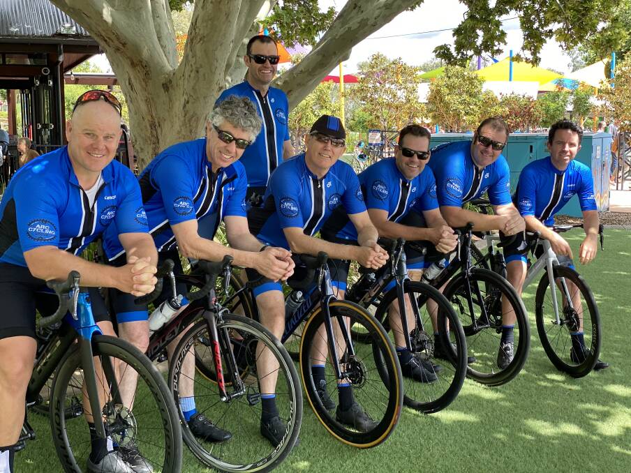 Ready to ride: Some of the cyclists, and some of the trainers, helping to get the riders ready for the epic trek. Pictured from left: Shane Ruttley, David Lord, Hugh Humphries (back), Brian Wall, Simon Tolhurst, Jarrad Cotterell and Hugh Locke.