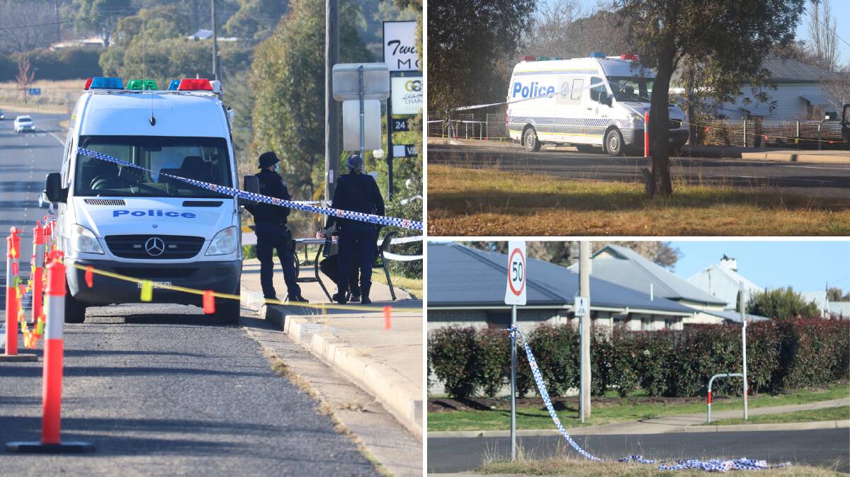 Double stabbing: New England police scour the Glen Innes Road crime scene in Inverell on Wednesday morning. Photos: Jacinta Dickins