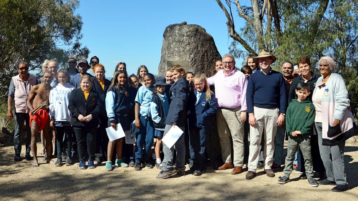 Northern Tablelands MP Adam Marshall and Minister for Aboriginal Affairs Don Harwin at the Myall Creek Massacre Memorial earlier this week with local school students, Aboriginal elders and member of the Friends of Myall Creek Memorial.