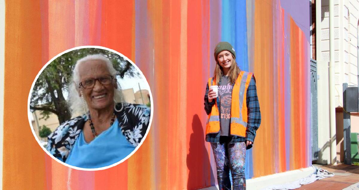 STROKE: Artist Claire Foxton is busily painting the Evan's Street mural, with Aunty Elizabeth Connors, inset, chosen as the subject. Photos: Supplied