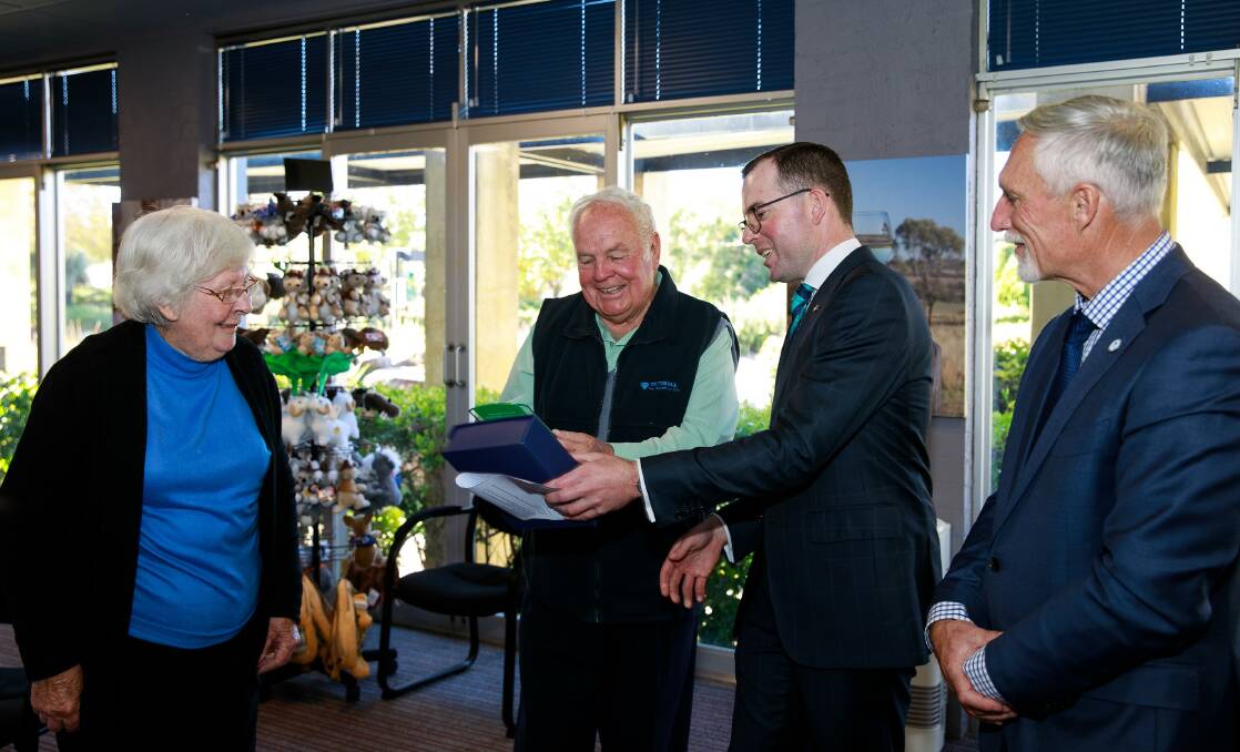 SERVICE: Inverell Shire Mayor Paul Harmon, left, Yvonne and Les Moulds and Northern Tablelands MP Adam Marshall, at the presentation of their life memberships to the Newell Highway Promotions Committee (NHPC).