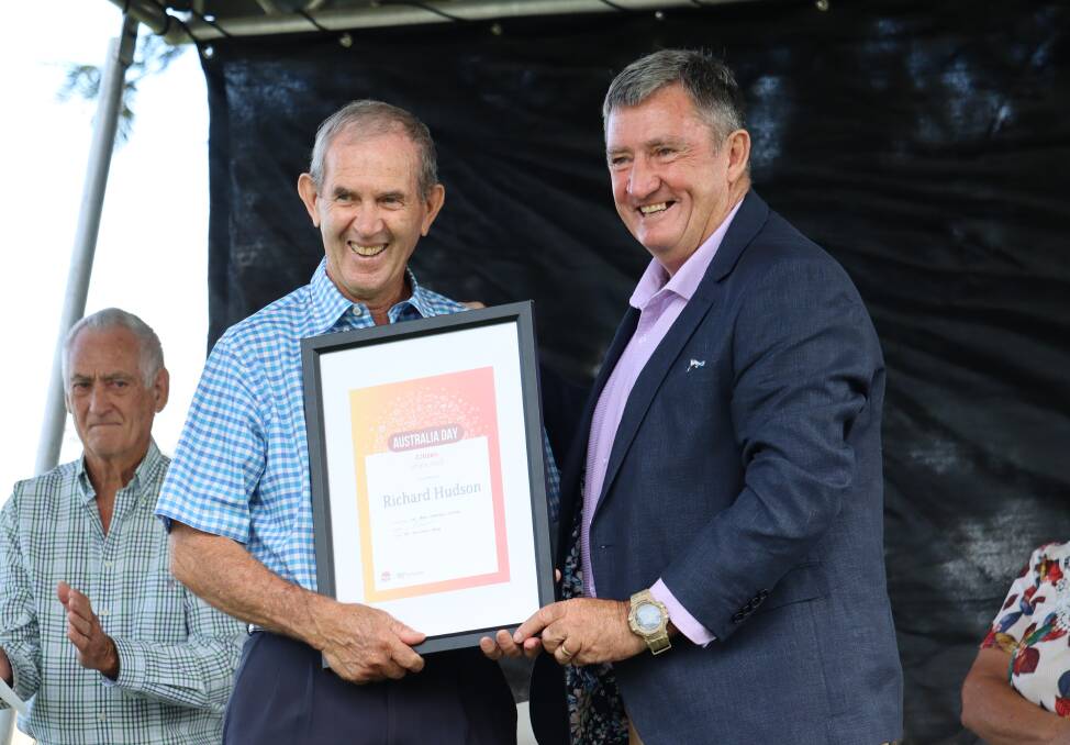 CROWNED: Dick Hudson receiving his Citizen of the Year award from Inverell's Australia Day ambassador Bob Fitzgerald. Photo: Jacinta Dickins
