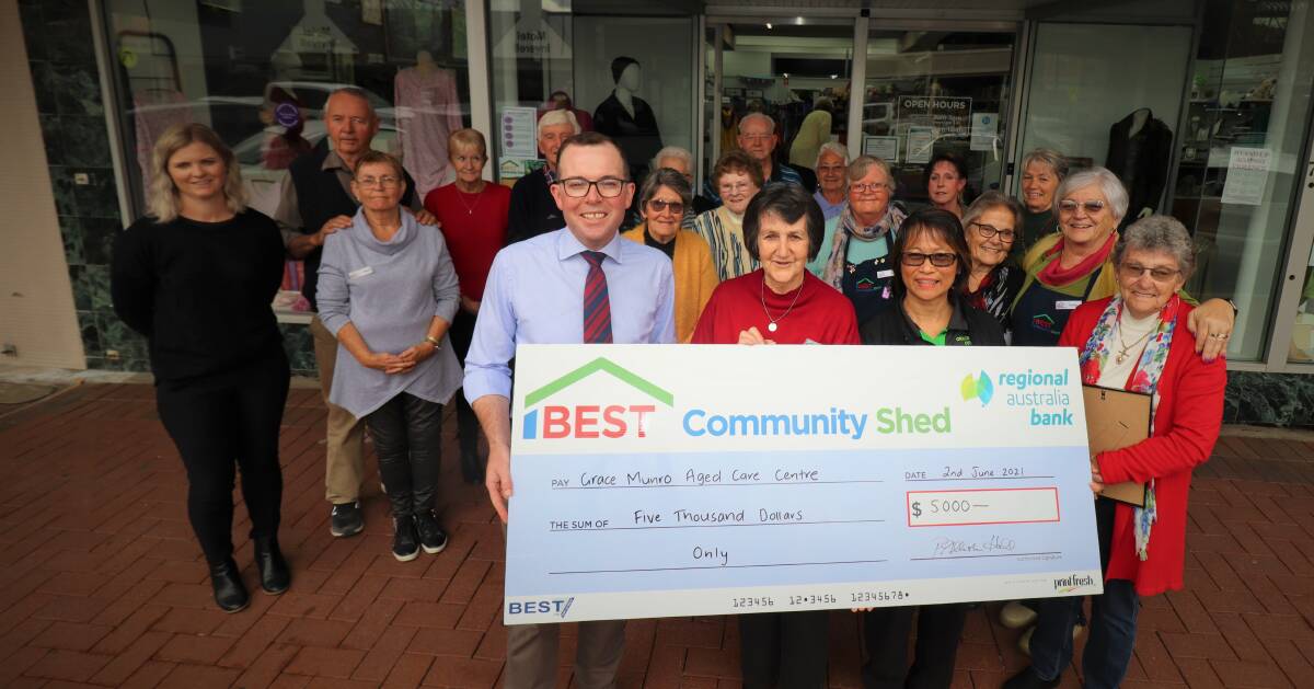 GUEST STAR: MP Adam Marshall helped open the BEST Community Shed four years ago, and made a special guest appearance when they donated $5000 to Grace Munro. Photo: Jacinta Dickins