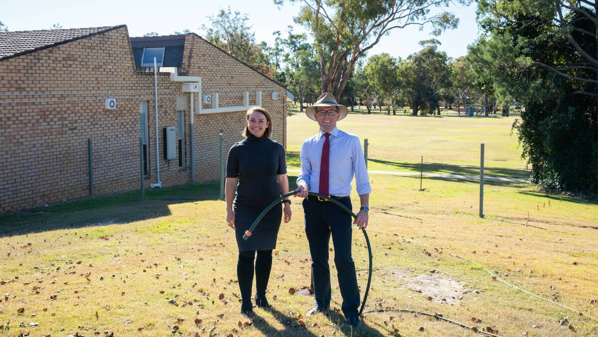 HONEY: Warialda High School Principal Shelly Way with MP Adam Marshall where the new school vegie gardens will be constructed shortly, thanks to support from the State Government.