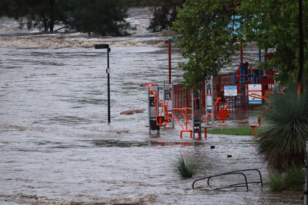 DROWNED: The Macintyre River's water levels have exceeded the new gym equipment at Campbell's Park, opposite Coles. Photo: Jacinta Dickins