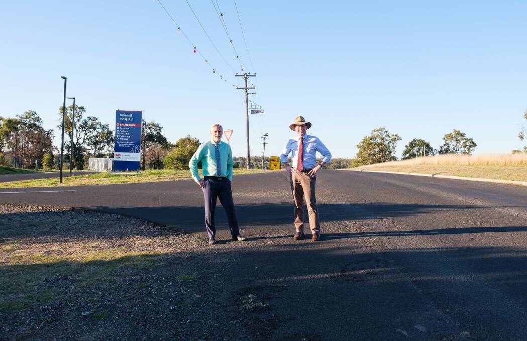 GRANTED: Northern Tablelands MP Adam Marshall, right, with Inverell Shire Mayor Paul Harmon announce a $911,654 State Government Fixing Local Roads grant. Photo: Supplied
