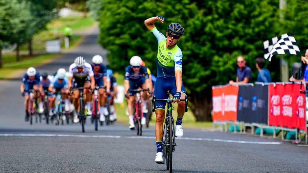 BIG ACHIEVEMENT: Inverell's Dylan Sunderland (pictured winning at this year's Tour of Tasmania) is set to line up in the 2019 men’s Santos Down Under Tour team. Photo: Scott Gelston 