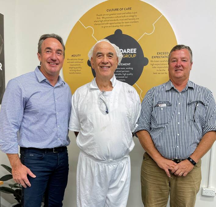 Slaughterman Richard White (pictured with Andrew McDonald group chief executive officer and plant manager David Richards) started at the Abattoir when he was 18 years of age with Browns, continued working with Smorgons and now Bindaree Food Group.
