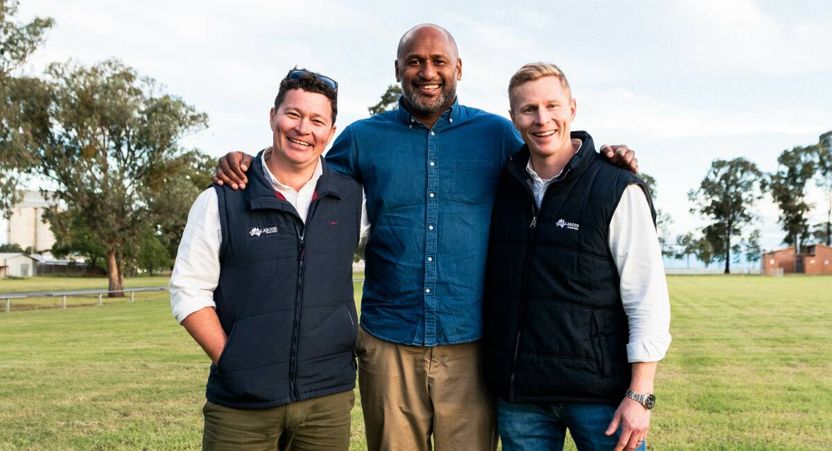 MEETING: Agri Labour Australia's commercial director Luke Brown and managing director Casey Brown with former Wallaby Lote Tuqiri (centre).