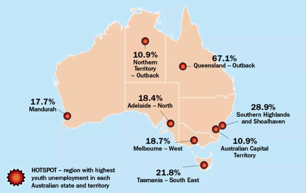 Youth unemployment hot spots around Australia. Photo: Brotherhood of St Laurence


