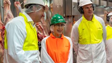 Bindaree Food Group chief executive Andrew McDonald shows the Inverell facility to NSW Governor Margaret Beazley with Bindaree general manager Brad Newman.