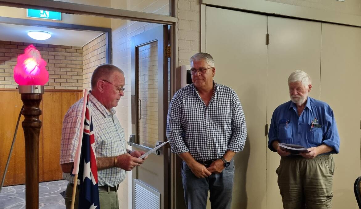 Legatee president Rick Ellis, new legatee Wally Duff and Legacy Inverell director and past president Peter Kearsey at Mr Duff's unduction. Legacy cares for families of veterans who have died or become incapacitated.