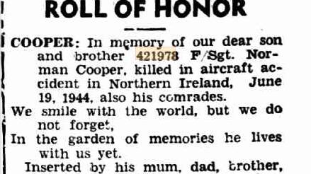 The In Memoriam advertisement placed each year in The Inverell Times by Rhoda May Cooper, of Tingha, remembering her son Norman, who is buried in Ireland.