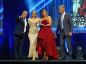 Courtney Nixon and Jacqui Newman accept their award on behalf of Pinnacle People Solutions from Zoran Sarabaca, founder Xcllusive Business Sales and one of his associates.