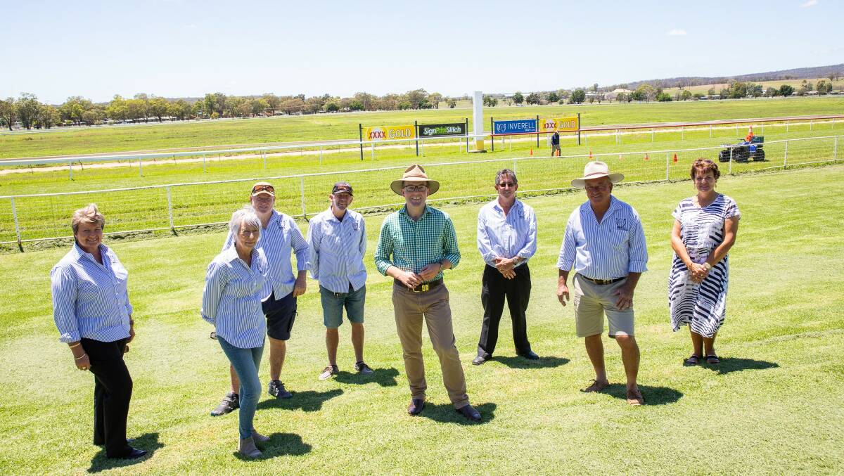 Winnings for Inverell Jockey Club in the form of a grant for a new electrical supply, Club Committee members Tina Pearce, left, Aileen Mudgway, Geoffrey Wilkinson, Kirk Wynne, Northern Tablelands MP Adam Marshall, Vice President Stephen Pearce, President Peter Tanner and Sonia Tanner.