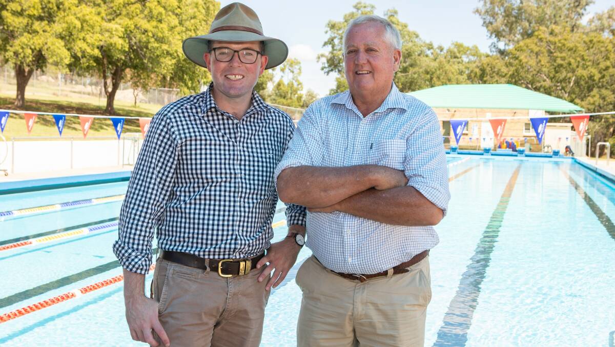 Northern Tablelands MP Adam Marshall and Gwydir Shire Mayor John Coulton at the Warialda Swimming Pool, which has just undergone a major revamp of facilities.