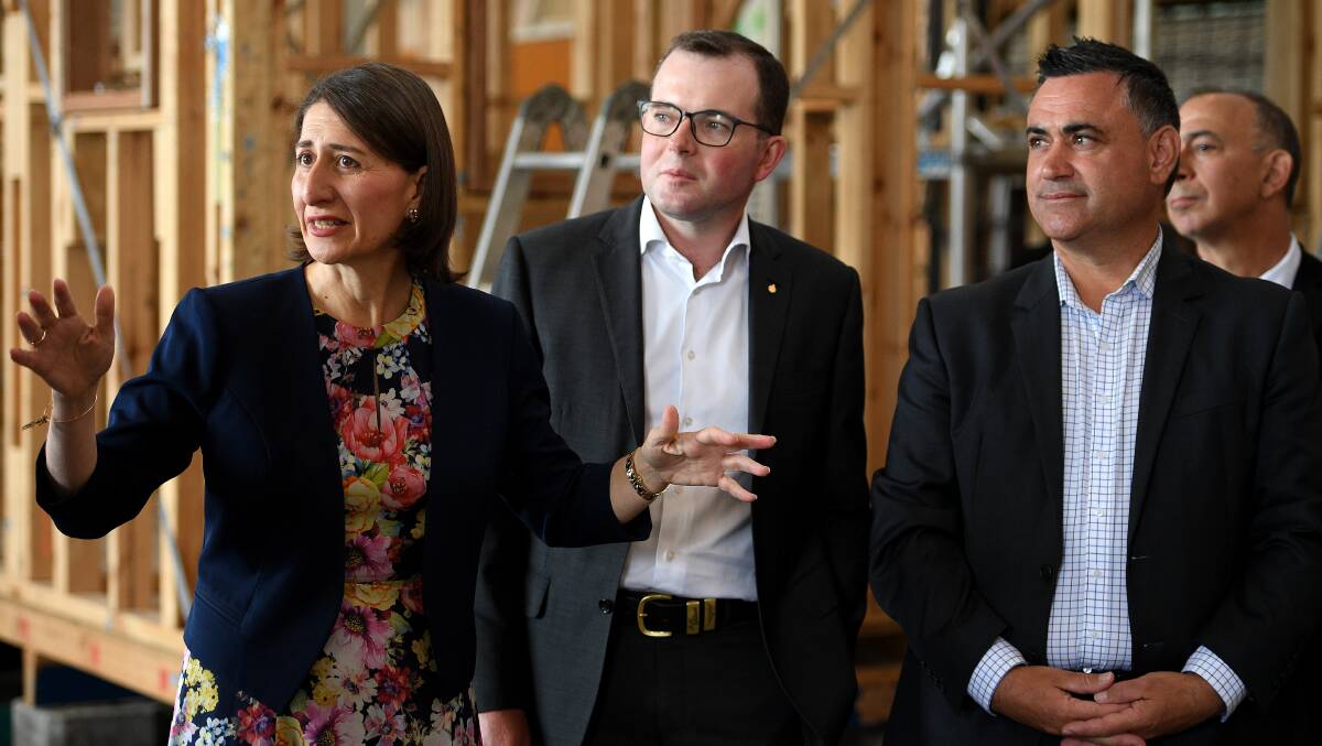 Adam Marshall (centre) with then premier Gladys Berejiklian and deputy premier John Barilaro in the Northern Tablelands two years ago.