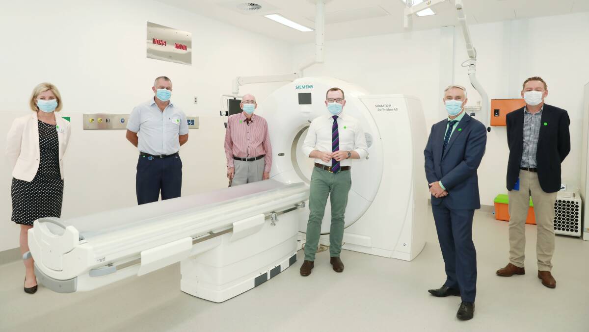 Unveiling Inverell District Hospitals new $1.3 million and first-ever CT scanner, (from left) Hunter New England Health Executive Director Susan Heyman, Hunter New England Health Chief Radiographer Adrian Snowden, Inverell community health advocate Bob Bensley OAM, Northern Tablelands MP Adam Marshall, Inverell Shire Mayor Paul Harmon and NSW Health Infrastructure Director Mark Brockbank.