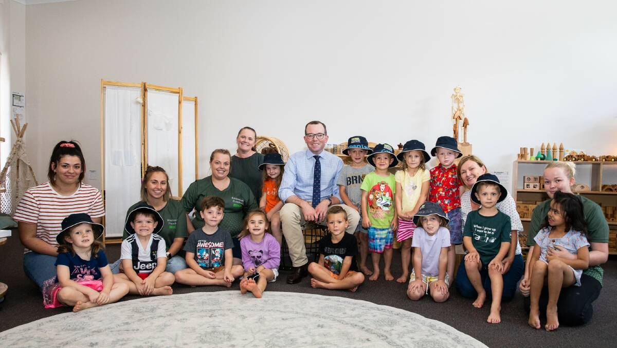 Northern Tablelands MP Adam Marshall, centre, with children and staff in the new learning space at Kindamindi Preschool.