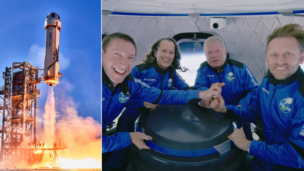 LIFT-OFF: Tumbarumba-raised Chris Boshuizen (right) was joined by Star Trek actor William Shatner, Audrey Powers and Glen de Vries. Picture: Blue Origin