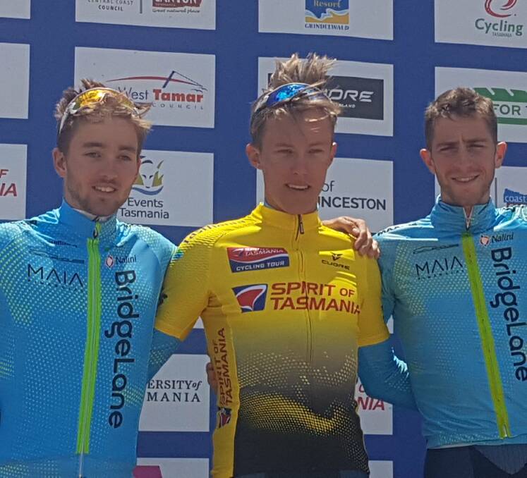 YES!: Inverell's Dylan Sunderland has won back-to-back Spirit of Tasmania tours. His Team BridgeLane teammates, Chris Harper (R) and Tyler Lindorff finished second and third, respectively. Photo: Twitter.