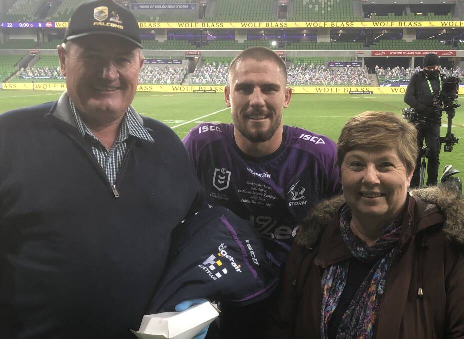 DEBUTANT: Chris Lewis with his dad and mum, Mick and Pauleen, at AAMI Park in Melbourne on Friday night. Photo: Supplied