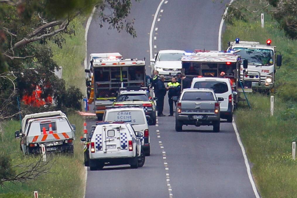 Emergency services respond to a fatal crash on Hamilton-Port Fairy Road, Orford. Picture: Morgan Hancock