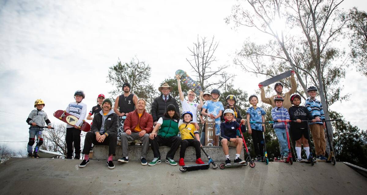 Members of The Totem Collective with MP Adam Marshall and local children at the Inverell skate park earlier this year. A string of skate league events will now run for kids of all ability levels.
