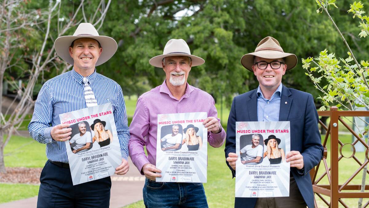 Celebrating a huge funding win for eight events across the Inverell Shire, Councils Manager Administrative and Marketing Services Peter Caddey, left, Mayor Paul Harmon and Member for Northern Tablelands Adam Marshall.