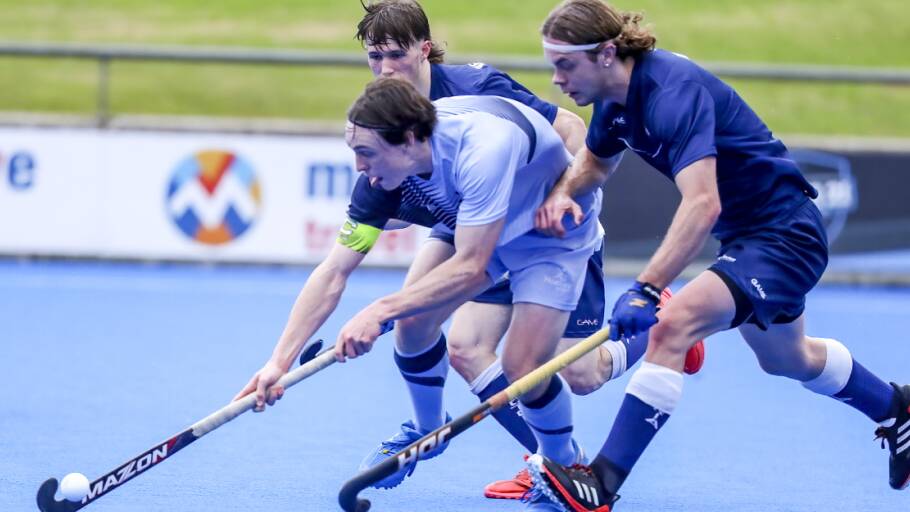 Armidale hockey product Nathan Czinner playing for NSW against Victoria. He will return home for a coaching clinic with NSW Pride this weekend. Picture: Hockey NSW.