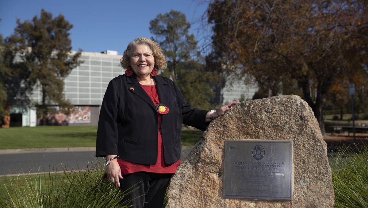 Aunty Mary Atkinson, pictured with Wagga Wagga's Sorry Day Rock. Picture: Madeline Begley