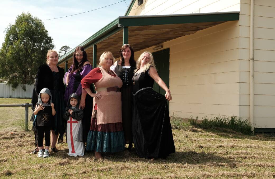BACK IN TIME: Crystal Durbin, Lorraine Austin, Libby Lowe, Debbie Jardine and Katrina Shailer with Hayden and Mikayla at the Gilgai Town Hall. 