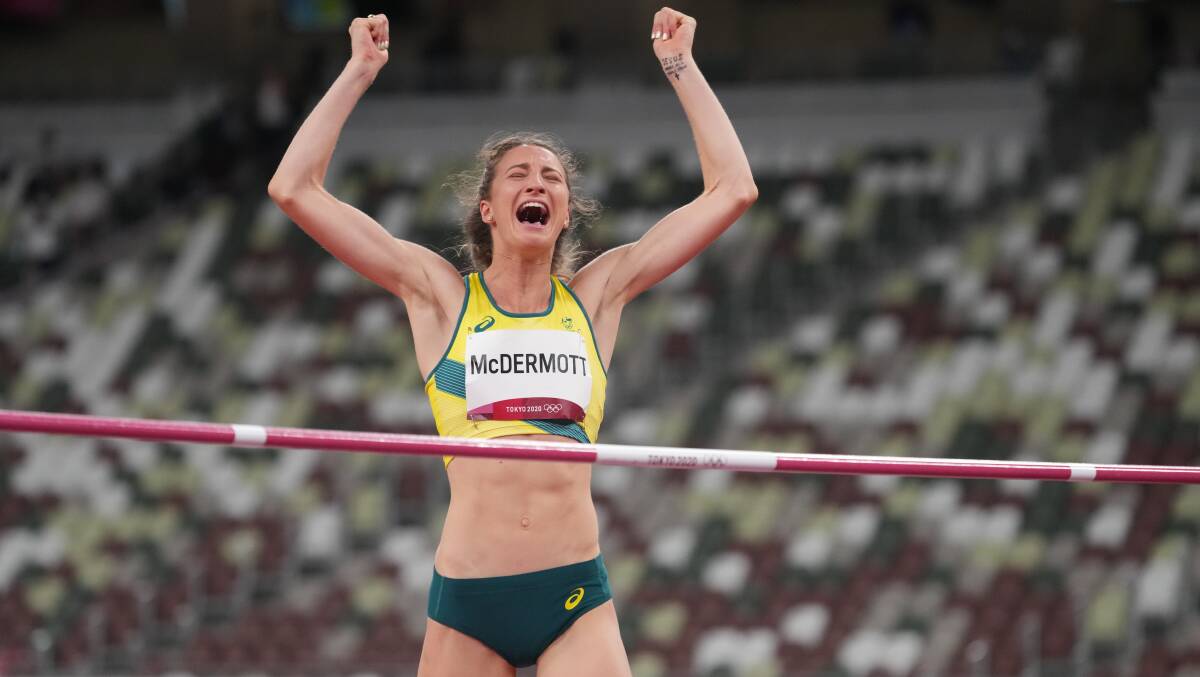 Aug 7, 2021; Tokyo, Japan; Nicola McDermott (AUS) in the women's high jump final during the Tokyo 2020 Olympic Summer Games at Olympic Stadium. Mandatory Credit: Kirby Lee/USA TODAY Sports/Sipa USA/AAP Image