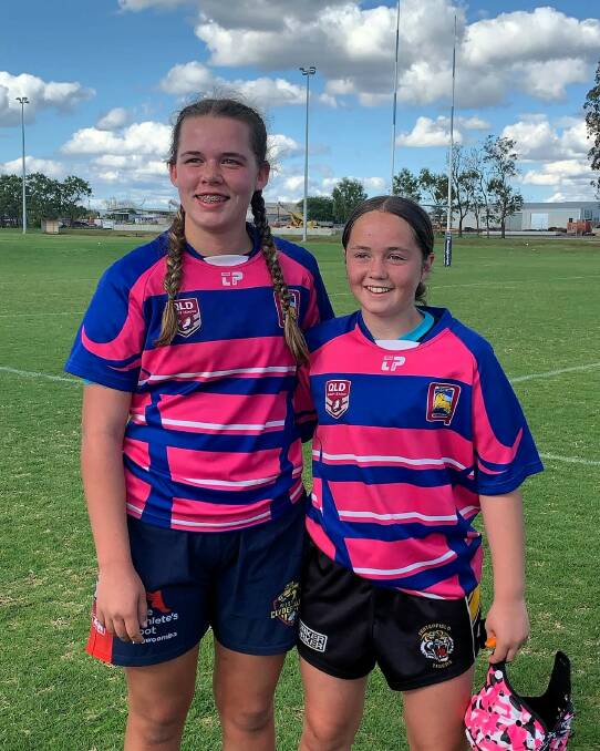 Mia Everson and Ava Mitchell are excited for the under 18 tackle competition. Picture by Tenterfield Tigers Junior Rugby League