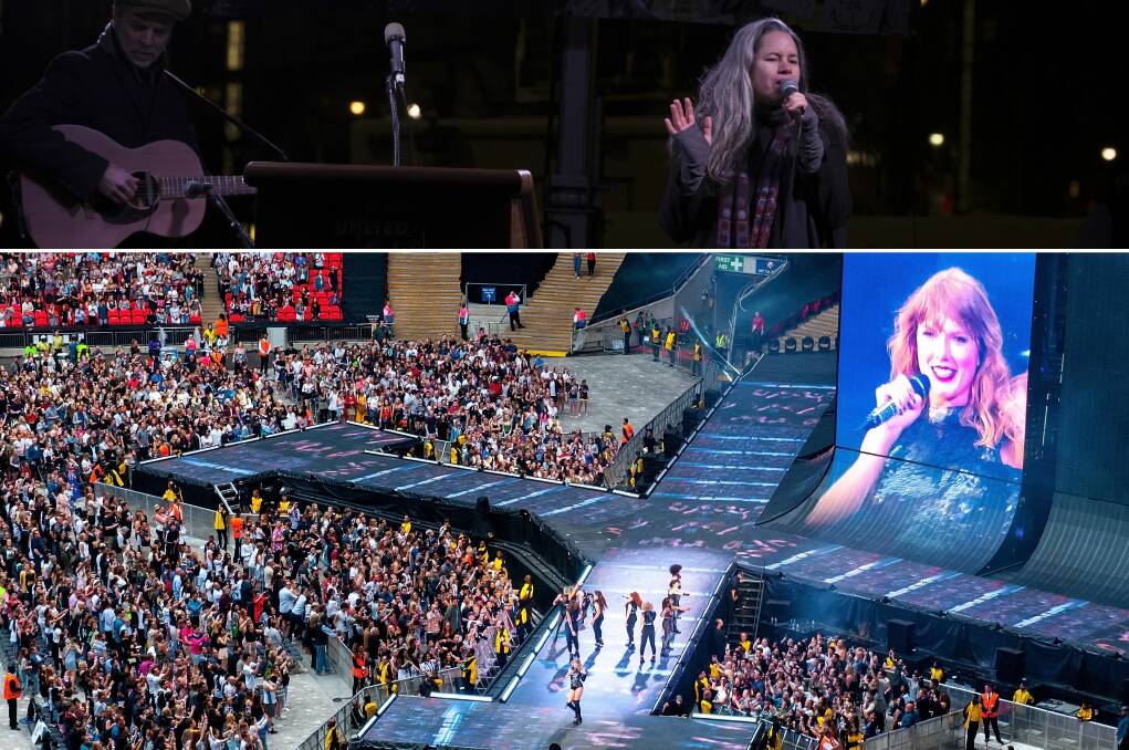 MEMORIES: Natalie Merchant, top, and Taylor Swift (when we could go to stadium concerts like this). Pictures: SHUTTERSTOCK