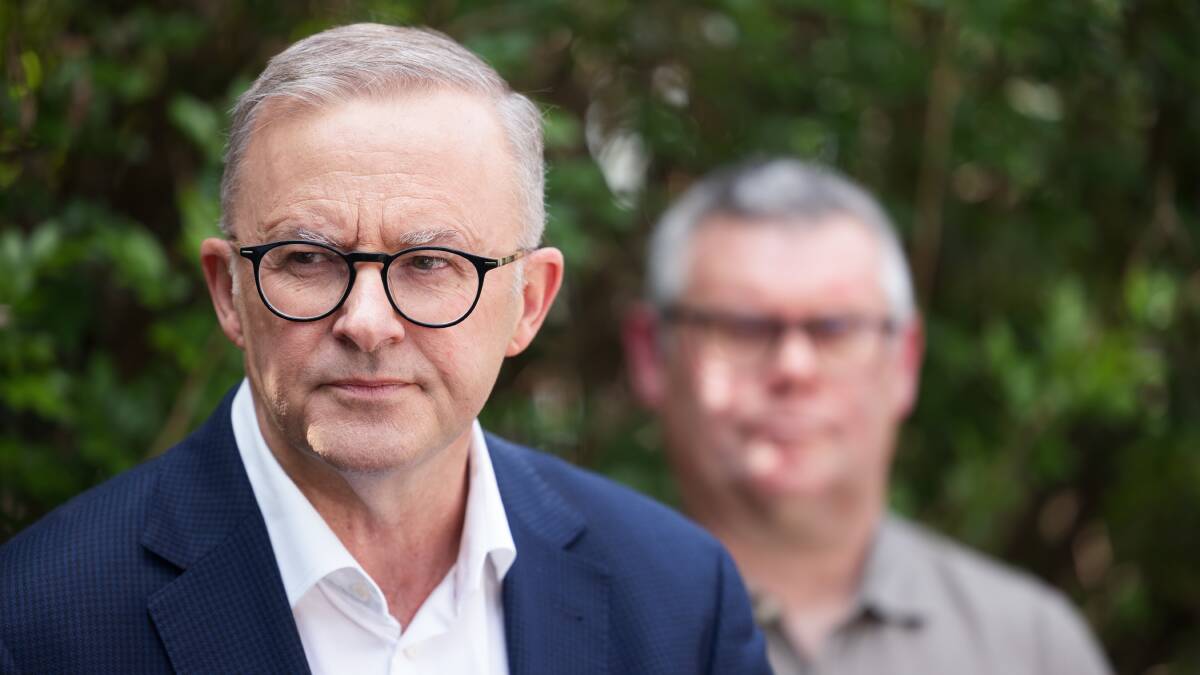 Labor leader Anthony Albanese and Senator Murray Watt speak to media, prior to the Opposition Leader's COVID diagnosis. Picture: Sitthixay Ditthavong