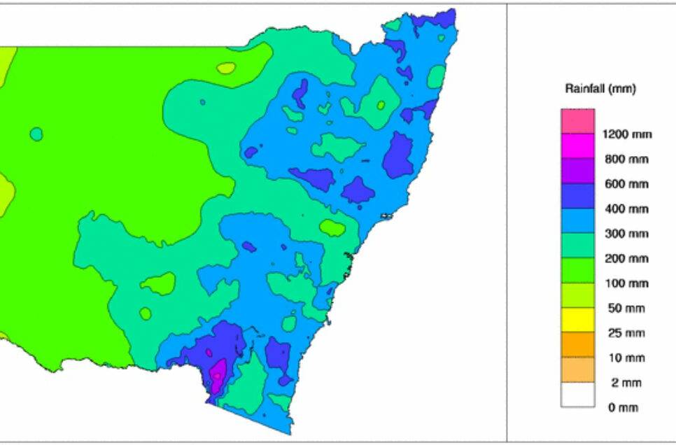Soaked: Three-month rainfall totals across NSW with the New England region being soaked by more than 40 per cent of its average annual falls in the past three months. Picture: BoM. 