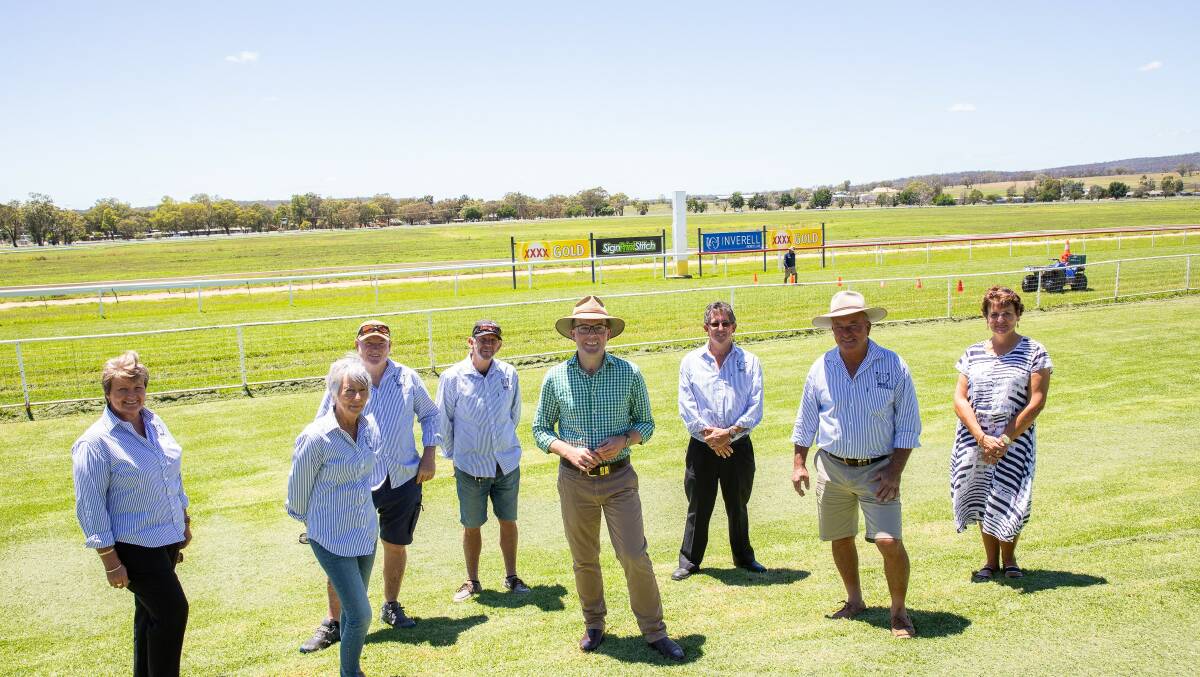 Winnings for Inverell Jockey Club in the form of a grant for a new electrical supply, Club Committee members Tina Pearce, left, Aileen Mudgway, Geoffrey Wilkinson, Kirk Wynne, Northern Tablelands MP Adam Marshall, Vice President Stephen Pearce, President Peter Tanner and Sonia Tanner.