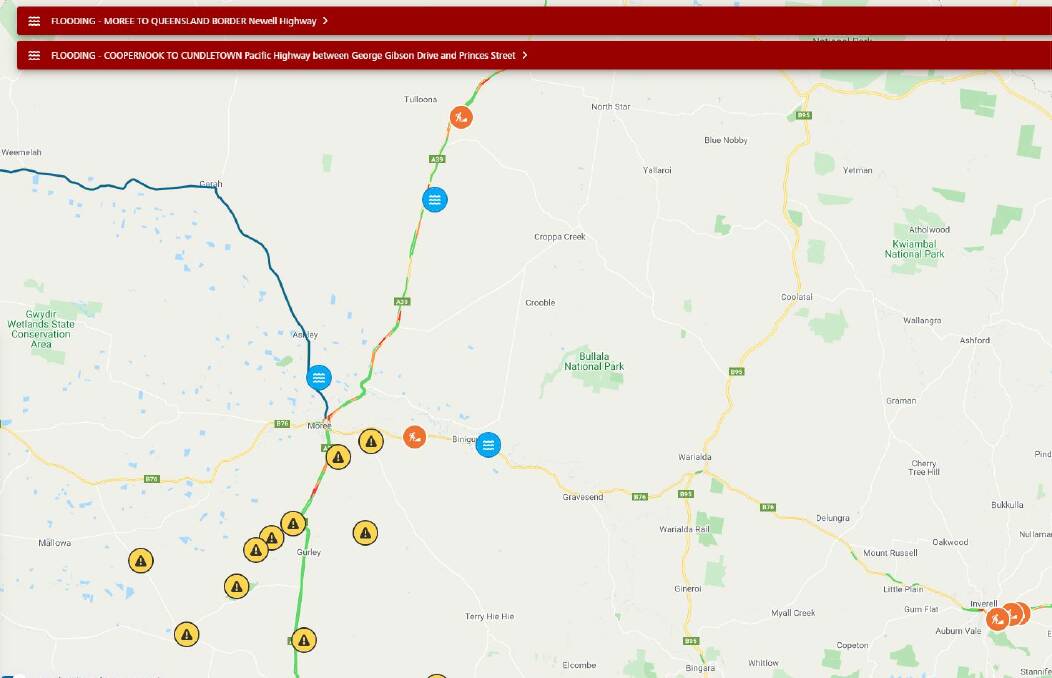 Moree road closures at 9am Tuesday morning. Image via Live Traffic NSW.