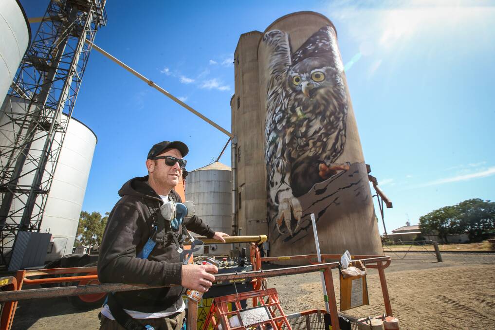 Silo art, like this one by Jimmy Dvate for Benalla's Wall to Wall, has attracted thousands of visitors. 