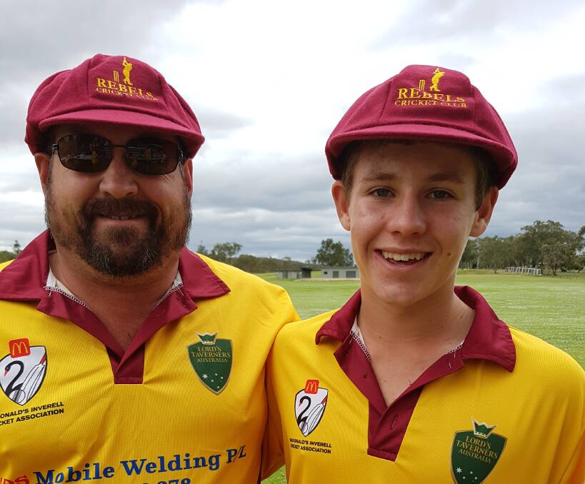 LOOKING GOOD. Rob Walters and his son, Sean, wearing the new cricket shirts and caps. Photo: Libby Steptoe Libby Steptoe

