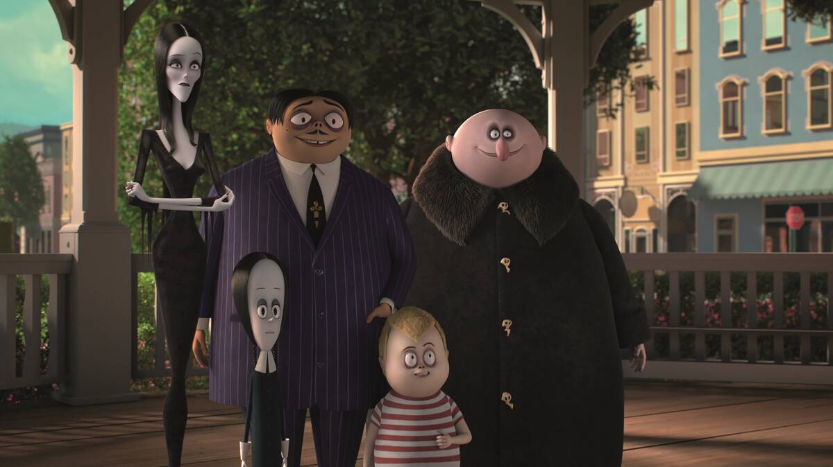 From left, Charlize Theron voices Morticia Addams, Chloë Grace Moretz voices Wednesday Addams, Oscar Isaac voices Gomez Addams, Finn Wolfhard voices Pugsley, and Nick Kroll voices Uncle Fester. Picture: Metro-Goldwyn-Mayer Pictures Inc. 