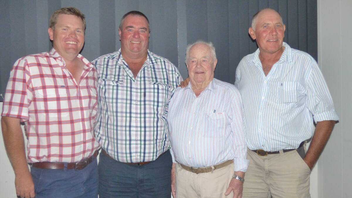 Damien Crump, Phillip Hallam, Brian Baldwin and Mark Smith at Brian's J A McGregor Livestock and Property farewell.