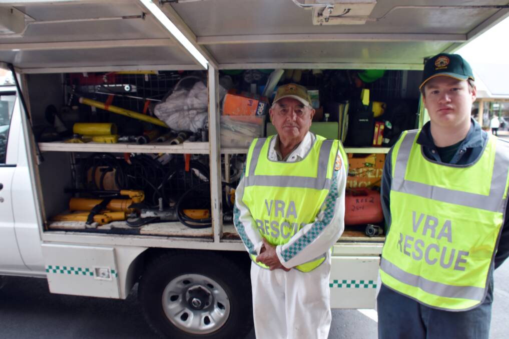 John Irwin and Sam Pierce show the wide range of equipment needed in the Inverell Rescue Squad's smaller vehicle. The squad ho[es to upgrade their larger vehicle, which carries more heavy duty items. 