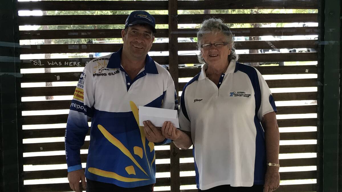 Inverell RSM Fishing Club president Peter Black hands over a $500 donation to the Inverell Prostrate Cancer Support Group.
