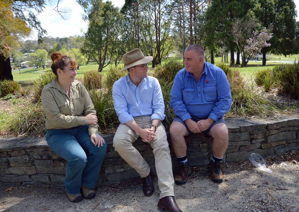 NSW Office of Environment and Heritage project officer for Threatened Lia Hooper, Northern Tablelands MP Adam Marshall and Local Lands Services’ Saving our Species and Local Landcare Service senior field officer Guy Walker discussing the new conservation grant.