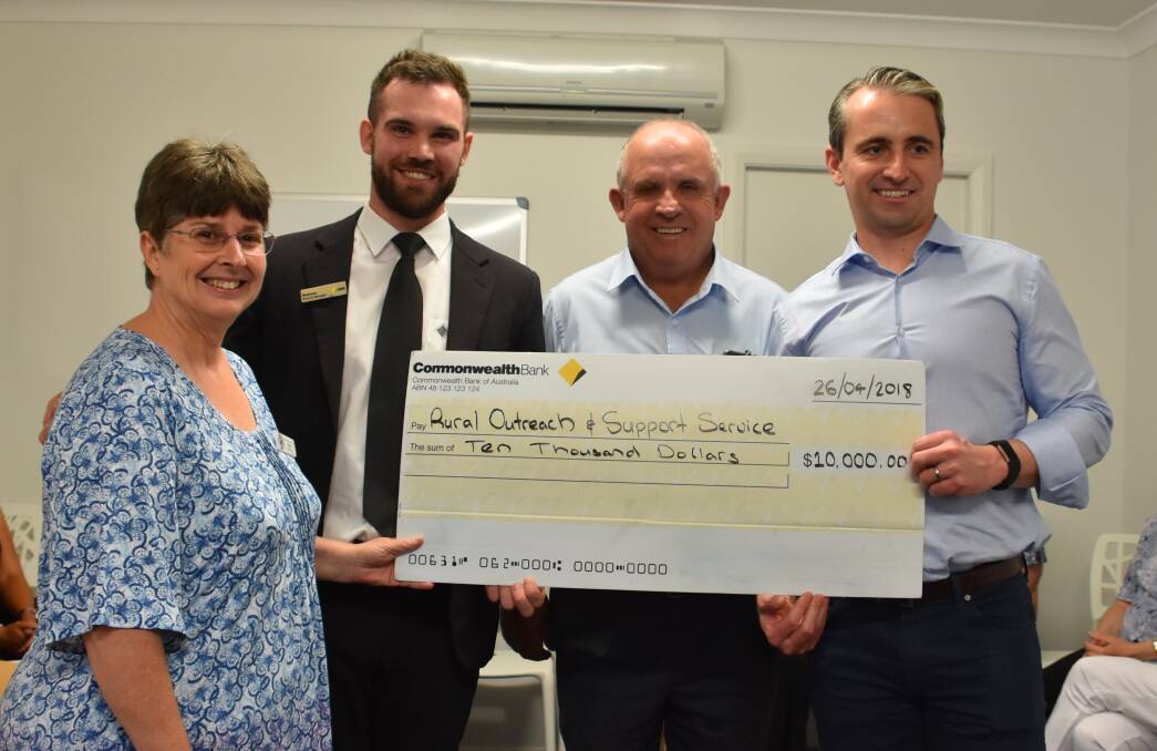 Rural Outreach and Support Services manager Vicki Higgins with Inverell Commonwealth Bank manager Andrew Writer, Senator John 'Wacka' Williams and Commonwealth chief executive officer Matt Comyn.