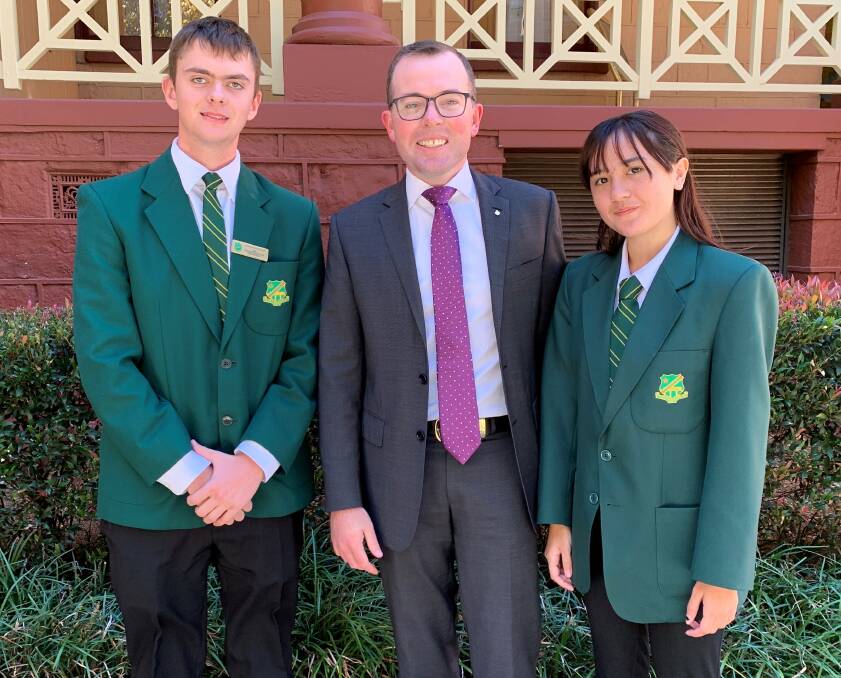 Bundarra Central School captains Luke Berry and Elizabeth Gleeson with Northern Tablelands MP Adam Marshall (centre) at Parliament House.